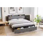 Bed Frame, King Size with Storage Headboard - 2 Drawers, Charging Station, Upholstered, 10.24'' Under-Bed Clearance, Noise-Free