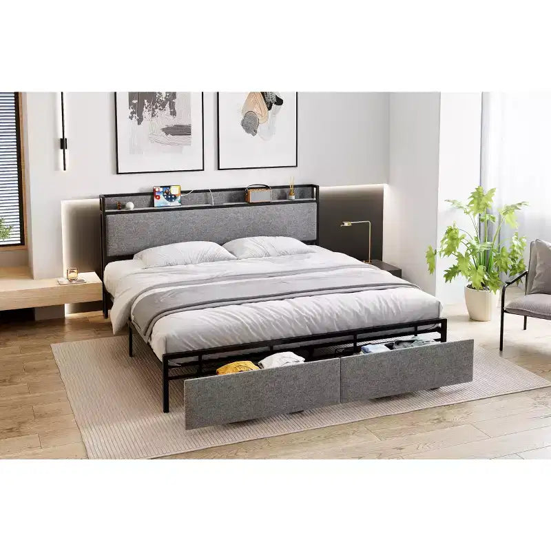 Bed Frame, King Size with Storage Headboard - 2 Drawers, Charging Station, Upholstered, 10.24'' Under-Bed Clearance, Noise-Free