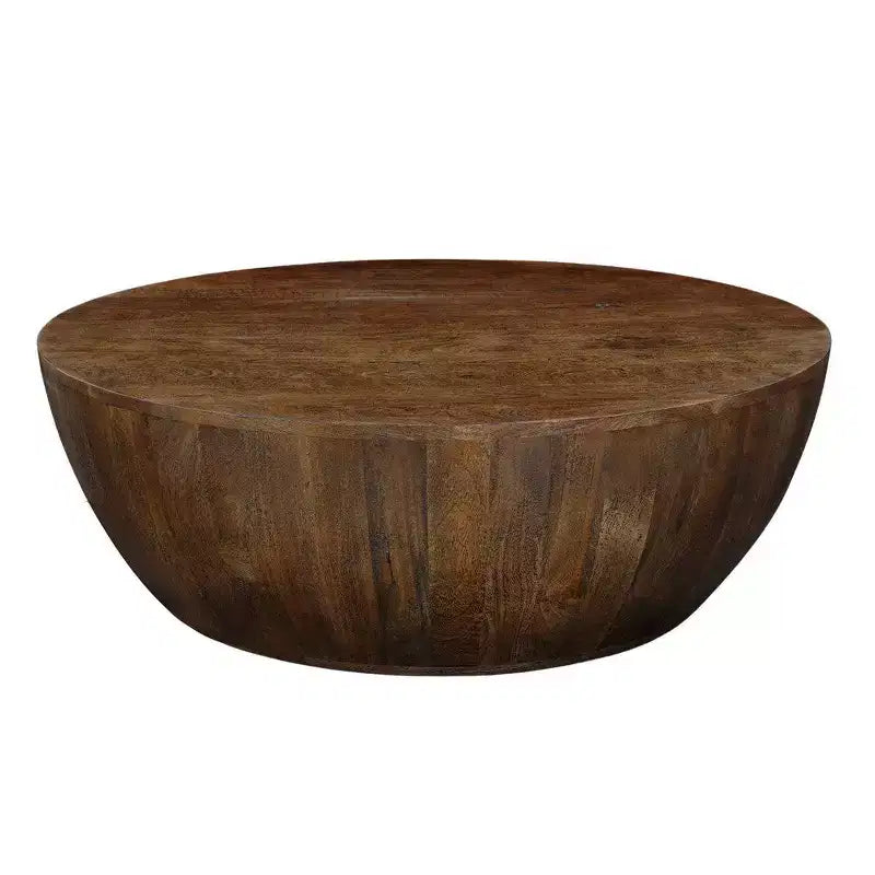 35.5-Inch Round Drum Shaped Walnut Brown Mango Wood Coffee Table