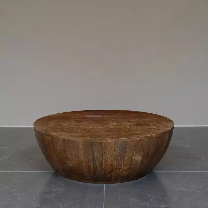 35.5-Inch Round Drum Shaped Walnut Brown Mango Wood Coffee Table