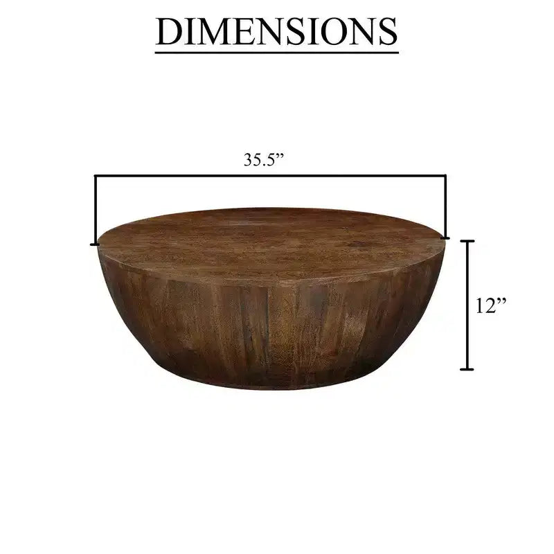 35.5-Inch Round Drum Shaped Walnut Brown Mango Wood Coffee Table