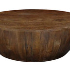 35.5-Inch Round Drum Shaped Walnut Brown Mango Wood Coffee Table