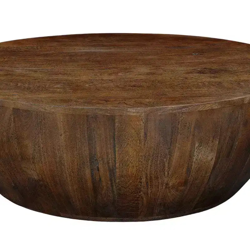 35.5-Inch Round Drum Shaped Walnut Brown Mango Wood Coffee Table