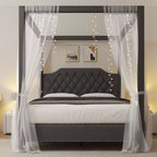 Queen Size Canopy Bed Frame with Nailhead Decoration HeadboardUpholstered Bed Frame with Poles 4 Corner Bed Bracket,Solid Wood Slats Support