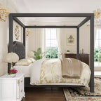 Queen Size Canopy Bed Frame with Nailhead Decoration HeadboardUpholstered Bed Frame with Poles 4 Corner Bed Bracket,Solid Wood Slats Support
