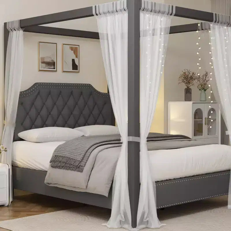 Queen Size Canopy Bed Frame with Nailhead Decoration HeadboardUpholstered Bed Frame with Poles 4 Corner Bed Bracket,Solid Wood Slats Support