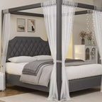 Queen Size Canopy Bed Frame with Nailhead Decoration HeadboardUpholstered Bed Frame with Poles 4 Corner Bed Bracket,Solid Wood Slats Support