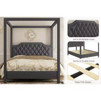 Queen Size Canopy Bed Frame with Nailhead Decoration HeadboardUpholstered Bed Frame with Poles 4 Corner Bed Bracket,Solid Wood Slats Support