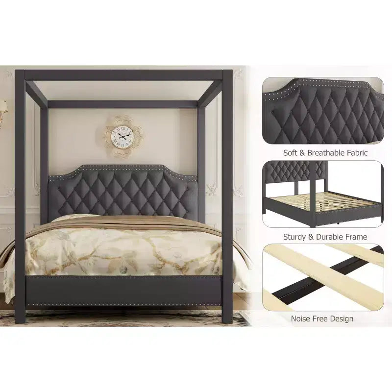 Queen Size Canopy Bed Frame with Nailhead Decoration HeadboardUpholstered Bed Frame with Poles 4 Corner Bed Bracket,Solid Wood Slats Support