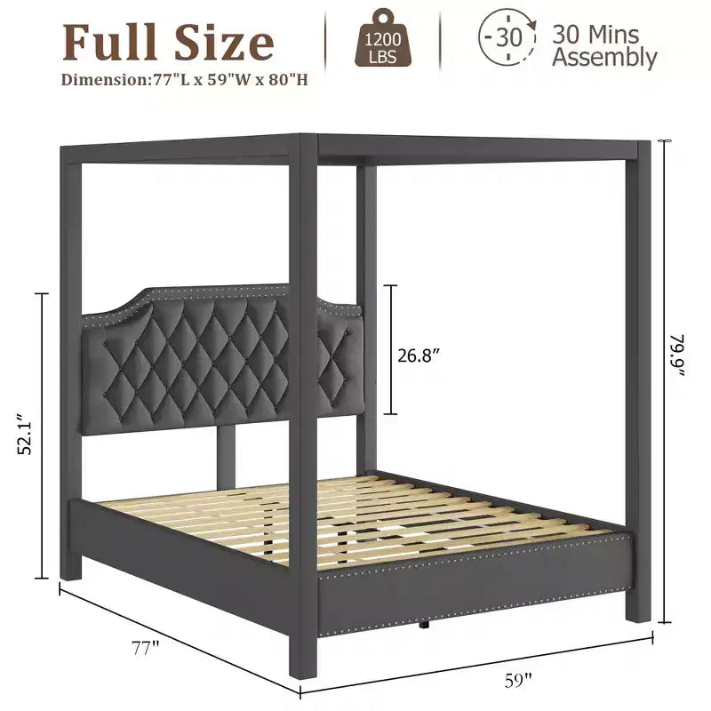 Queen Size Canopy Bed Frame with Nailhead Decoration HeadboardUpholstered Bed Frame with Poles 4 Corner Bed Bracket,Solid Wood Slats Support