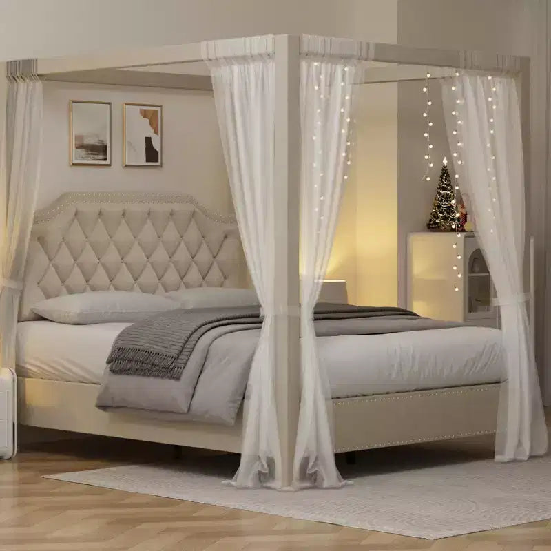 Queen Size Canopy Bed Frame with Nailhead Decoration HeadboardUpholstered Bed Frame with Poles 4 Corner Bed Bracket,Solid Wood Slats Support