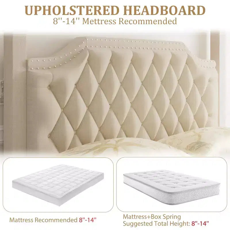 Queen Size Canopy Bed Frame with Nailhead Decoration HeadboardUpholstered Bed Frame with Poles 4 Corner Bed Bracket,Solid Wood Slats Support