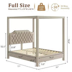 Queen Size Canopy Bed Frame with Nailhead Decoration HeadboardUpholstered Bed Frame with Poles 4 Corner Bed Bracket,Solid Wood Slats Support