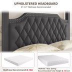 Queen Size Canopy Bed Frame with Nailhead Decoration HeadboardUpholstered Bed Frame with Poles 4 Corner Bed Bracket,Solid Wood Slats Support