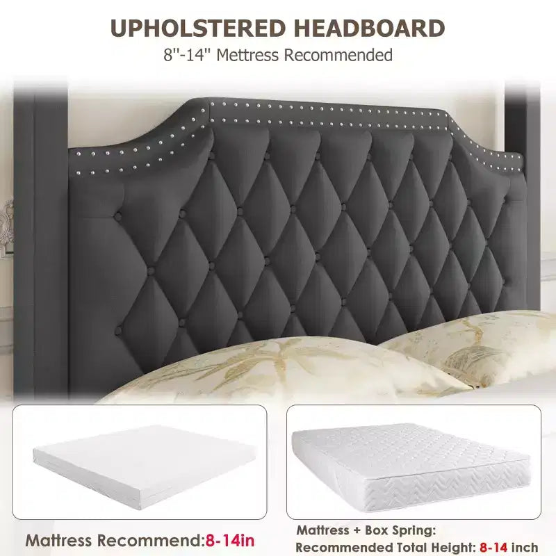 Queen Size Canopy Bed Frame with Nailhead Decoration HeadboardUpholstered Bed Frame with Poles 4 Corner Bed Bracket,Solid Wood Slats Support