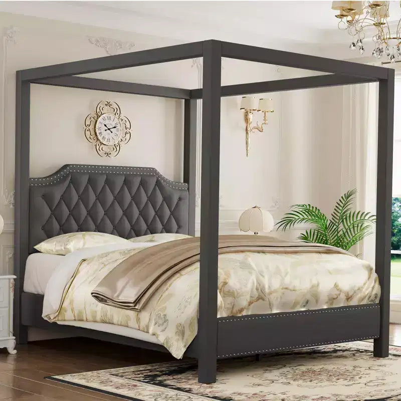 Queen Size Canopy Bed Frame with Nailhead Decoration HeadboardUpholstered Bed Frame with Poles 4 Corner Bed Bracket,Solid Wood Slats Support