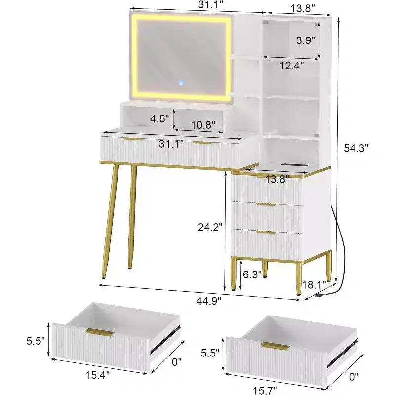 Fluted Vanity Desk with Mirror, 5 Drawers and Adjustable Lighting