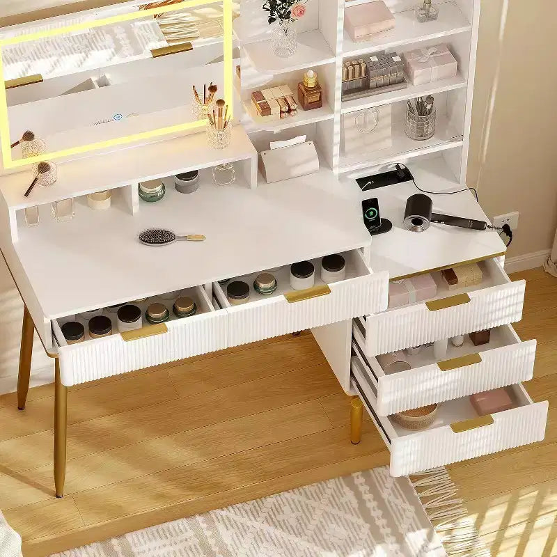 Fluted Vanity Desk with Mirror, 5 Drawers and Adjustable Lighting