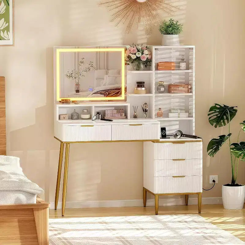 Fluted Vanity Desk with Mirror, 5 Drawers and Adjustable Lighting