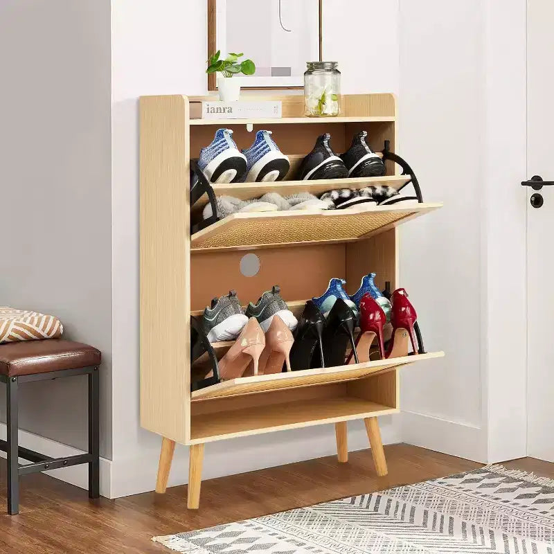 Shoe Racks/Cabinet - Hidden Shoe Storage with 2 Flip Rattan Flip-Drawer and Anti-Tip Design, 12-15 Pairs Storage Organizer