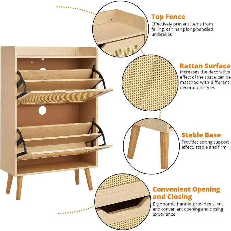 Shoe Racks/Cabinet - Hidden Shoe Storage with 2 Flip Rattan Flip-Drawer and Anti-Tip Design, 12-15 Pairs Storage Organizer