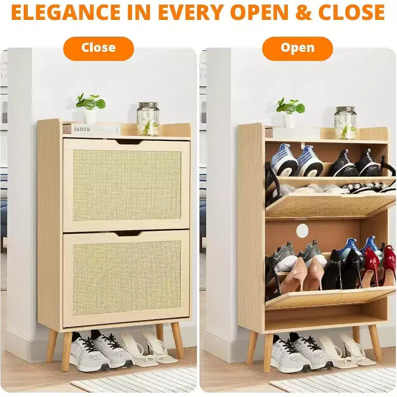 Shoe Racks/Cabinet - Hidden Shoe Storage with 2 Flip Rattan Flip-Drawer and Anti-Tip Design, 12-15 Pairs Storage Organizer