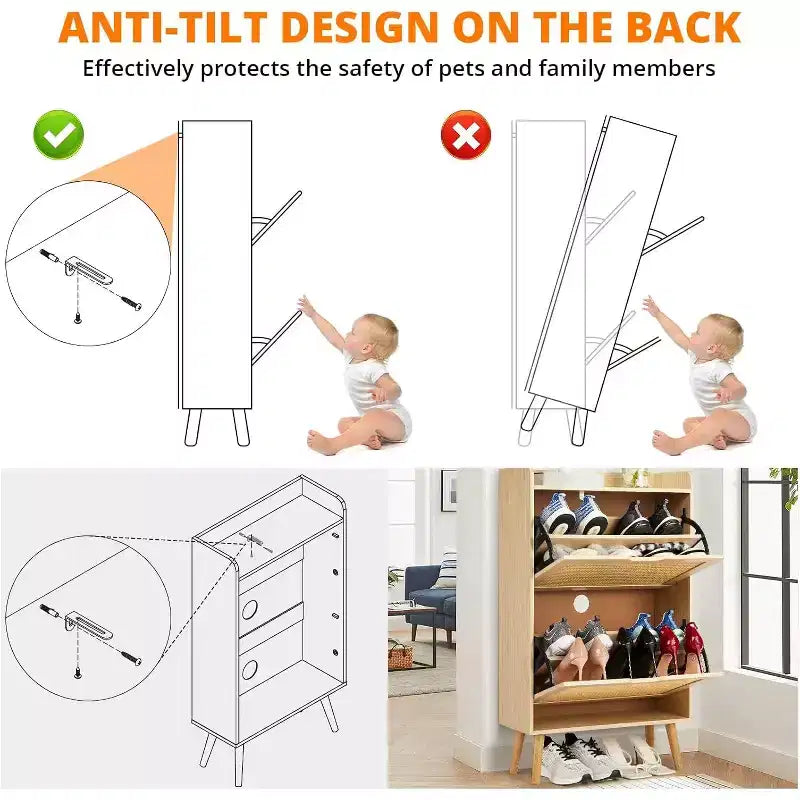Shoe Racks/Cabinet - Hidden Shoe Storage with 2 Flip Rattan Flip-Drawer and Anti-Tip Design, 12-15 Pairs Storage Organizer