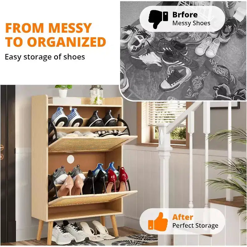 Shoe Racks/Cabinet - Hidden Shoe Storage with 2 Flip Rattan Flip-Drawer and Anti-Tip Design, 12-15 Pairs Storage Organizer