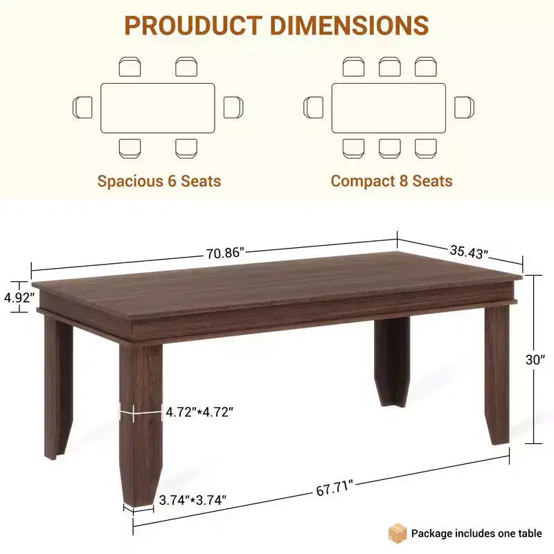 Farmhouse Dining Table for 8 Person, 71 Long Wood Kitchen Tables, Wooden Sturdy Frame