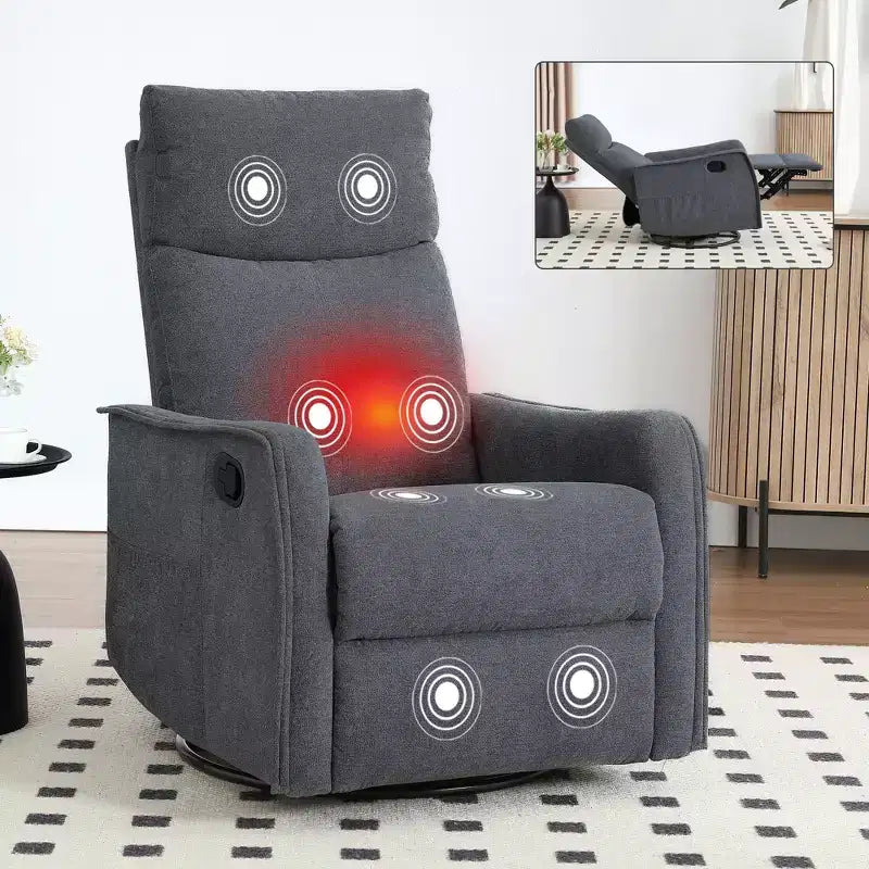 Heat Massage Manual Recliner Chair with Rocker and Swivel in Fabric for Living Room