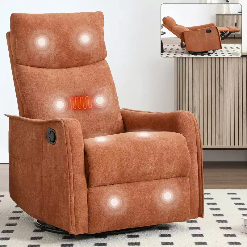 Heat Massage Manual Recliner Chair with Rocker and Swivel in Fabric for Living Room
