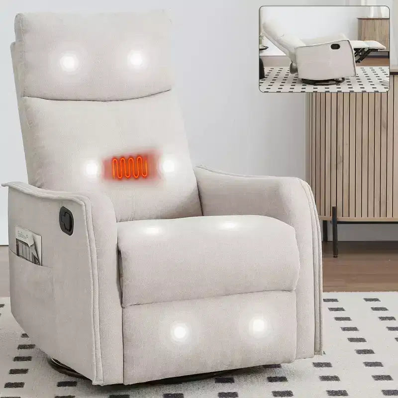 Heat Massage Manual Recliner Chair with Rocker and Swivel in Fabric for Living Room