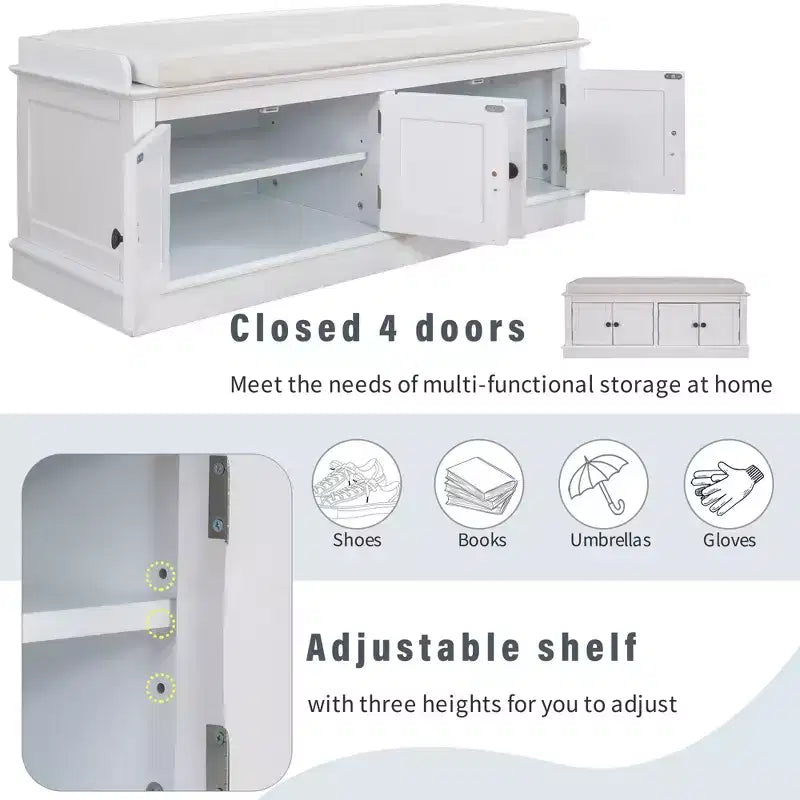 Mike Storage Shoe Bench with Doors and Adjustable Shelves