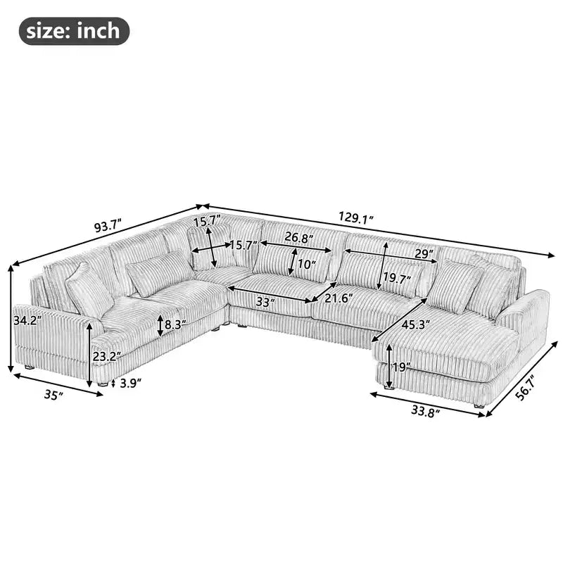 Oversized U-Shaped Sectional Sofa with Plush Corduroy Upholstery