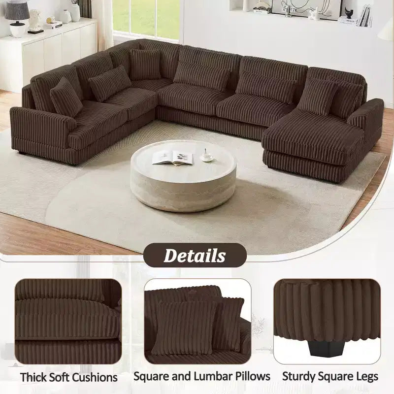 Oversized U-Shaped Sectional Sofa with Plush Corduroy Upholstery