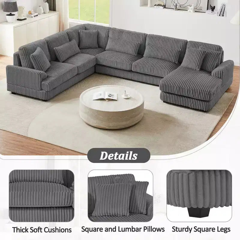 Oversized U-Shaped Sectional Sofa with Plush Corduroy Upholstery