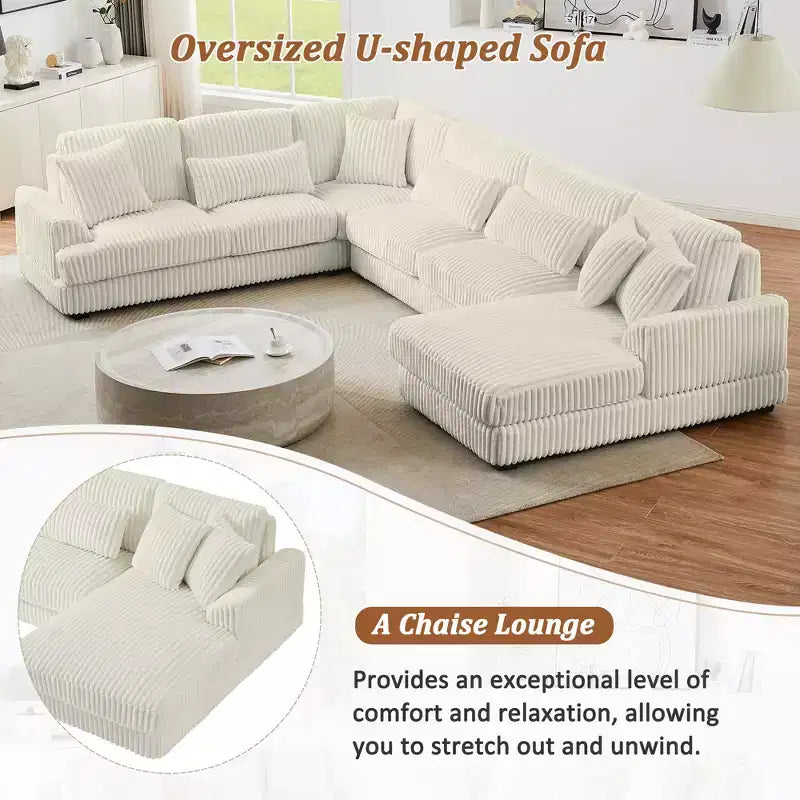 Oversized U-Shaped Sectional Sofa with Plush Corduroy Upholstery