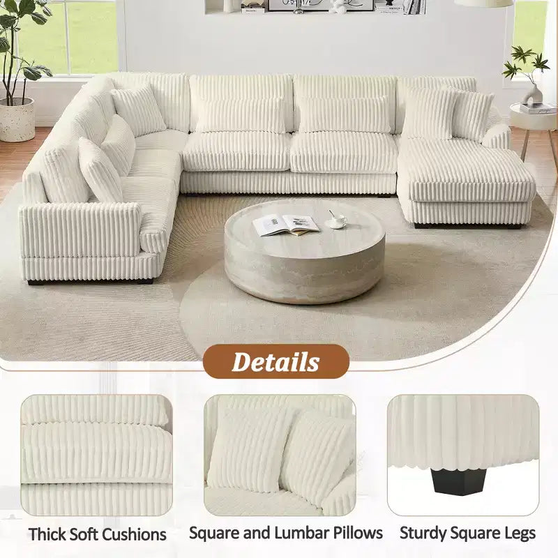 Oversized U-Shaped Sectional Sofa with Plush Corduroy Upholstery