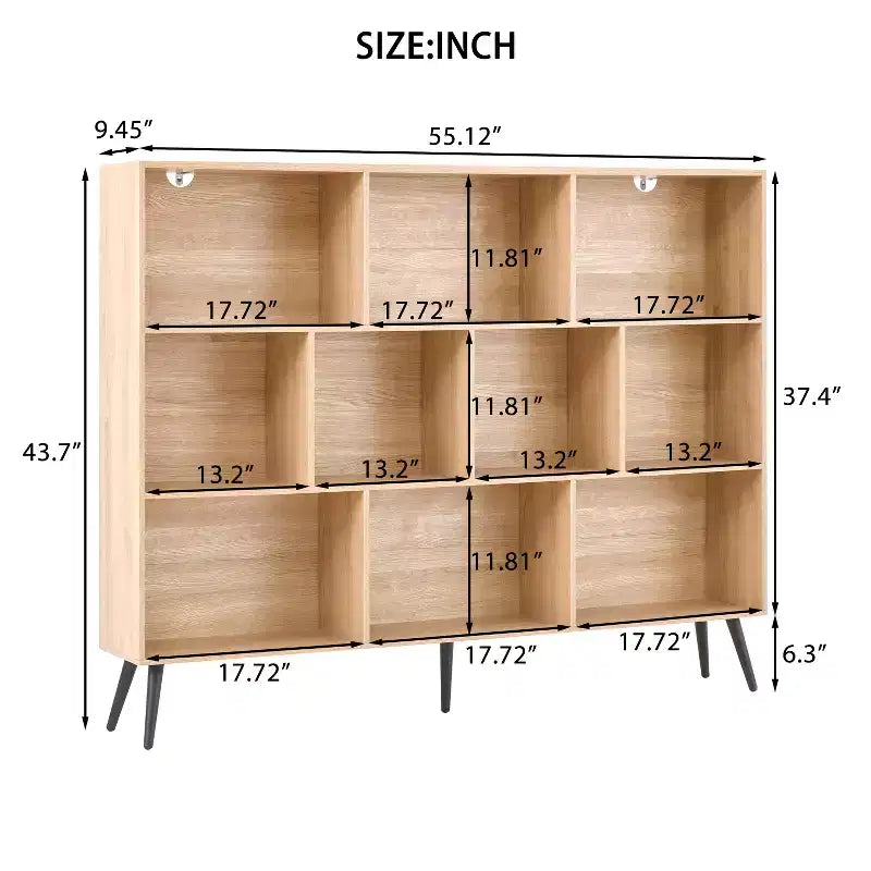 Wooden 3-Tier Open Shelf Bookcase with 10-Grid Storage