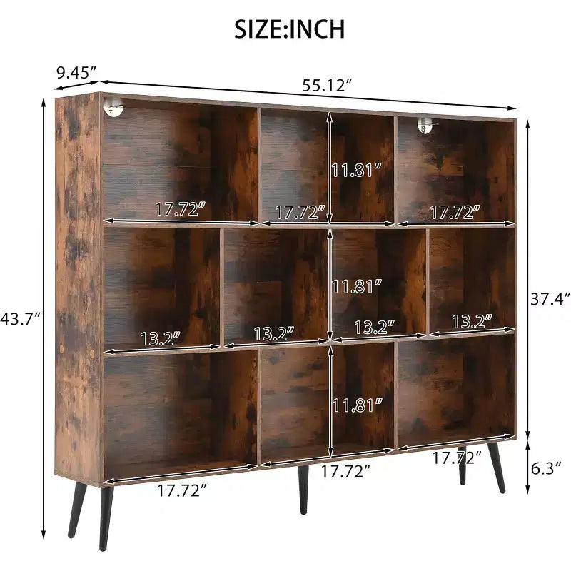Wooden 3-Tier Open Shelf Bookcase with 10-Grid Storage