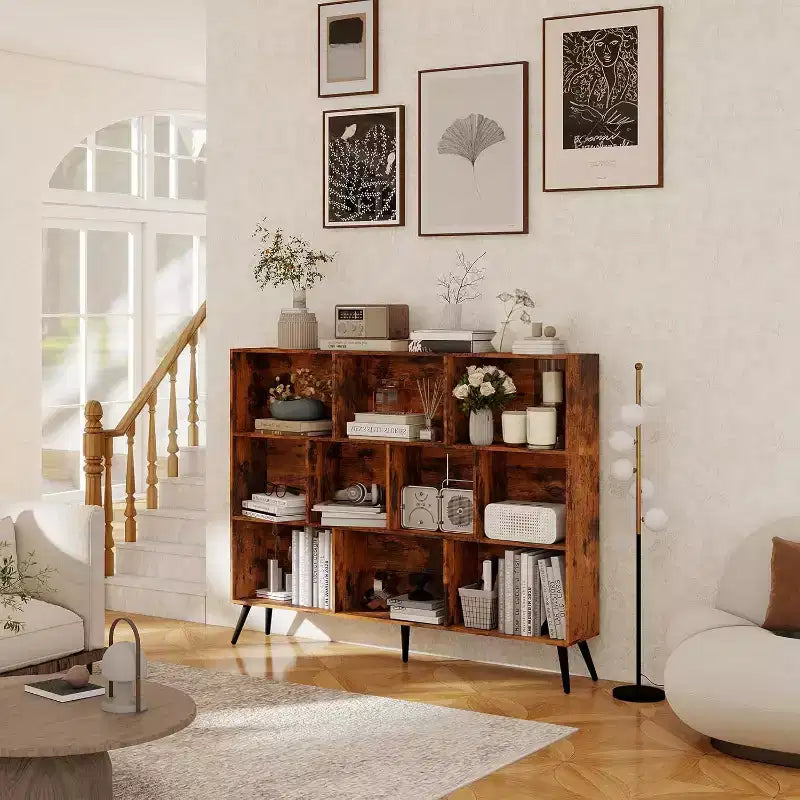 Wooden 3-Tier Open Shelf Bookcase with 10-Grid Storage