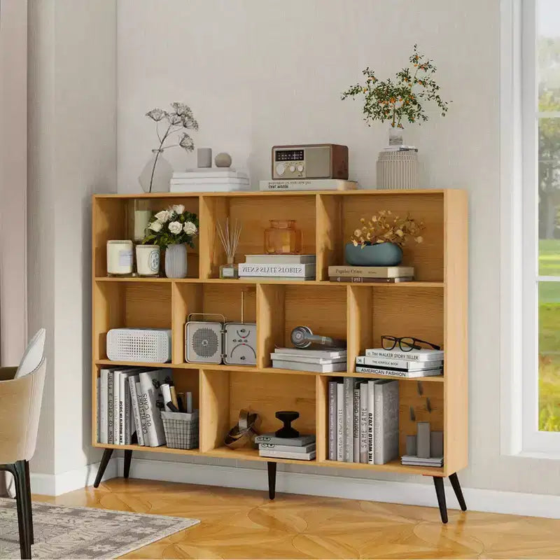 Wooden 3-Tier Open Shelf Bookcase with 10-Grid Storage