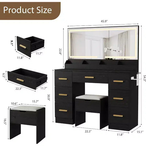 45.9 Makeup Vanity Desk, Vanity Desk with Large Mirror, 3 Lighting Modes Adjustable Brightness, 8 Drawers, for Powder Room and Bedroom