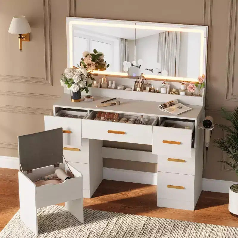 45.9 Makeup Vanity Desk, Vanity Desk with Large Mirror, 3 Lighting Modes Adjustable Brightness, 8 Drawers, for Powder Room and Bedroom