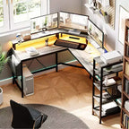 61-Inch L-Shaped Gaming Desk with 5-Tier Shelves, LED and Power Outlet