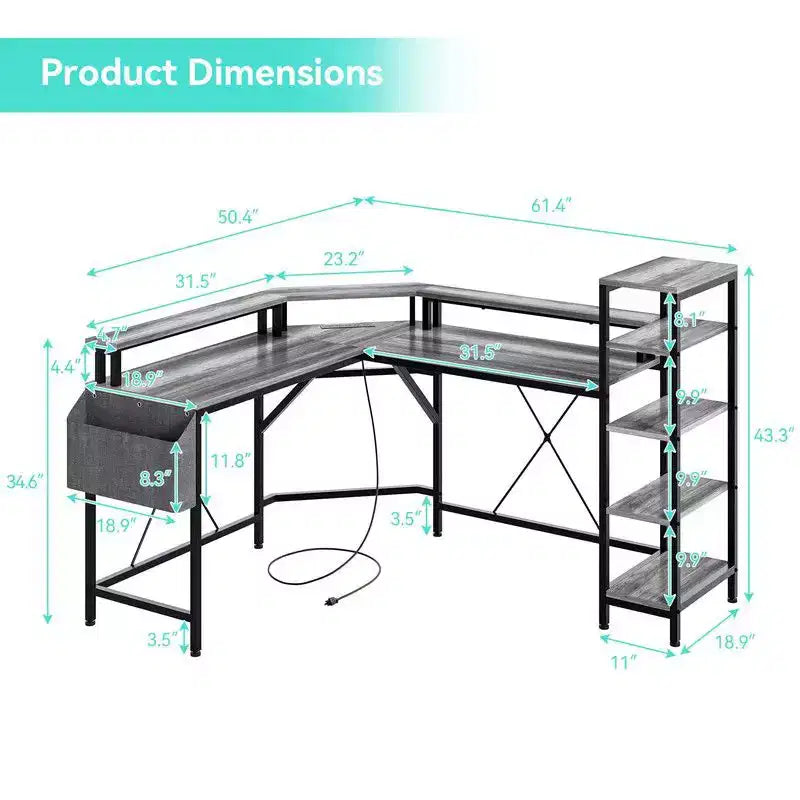 61-Inch L-Shaped Gaming Desk with 5-Tier Shelves, LED and Power Outlet