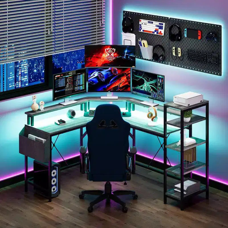 61-Inch L-Shaped Gaming Desk with 5-Tier Shelves, LED and Power Outlet