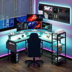 61-Inch L-Shaped Gaming Desk with 5-Tier Shelves, LED and Power Outlet
