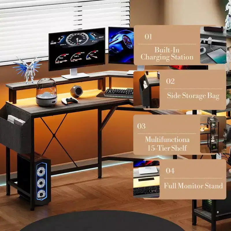61-Inch L-Shaped Gaming Desk with 5-Tier Shelves, LED and Power Outlet