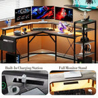 61-Inch L-Shaped Gaming Desk with 5-Tier Shelves, LED and Power Outlet